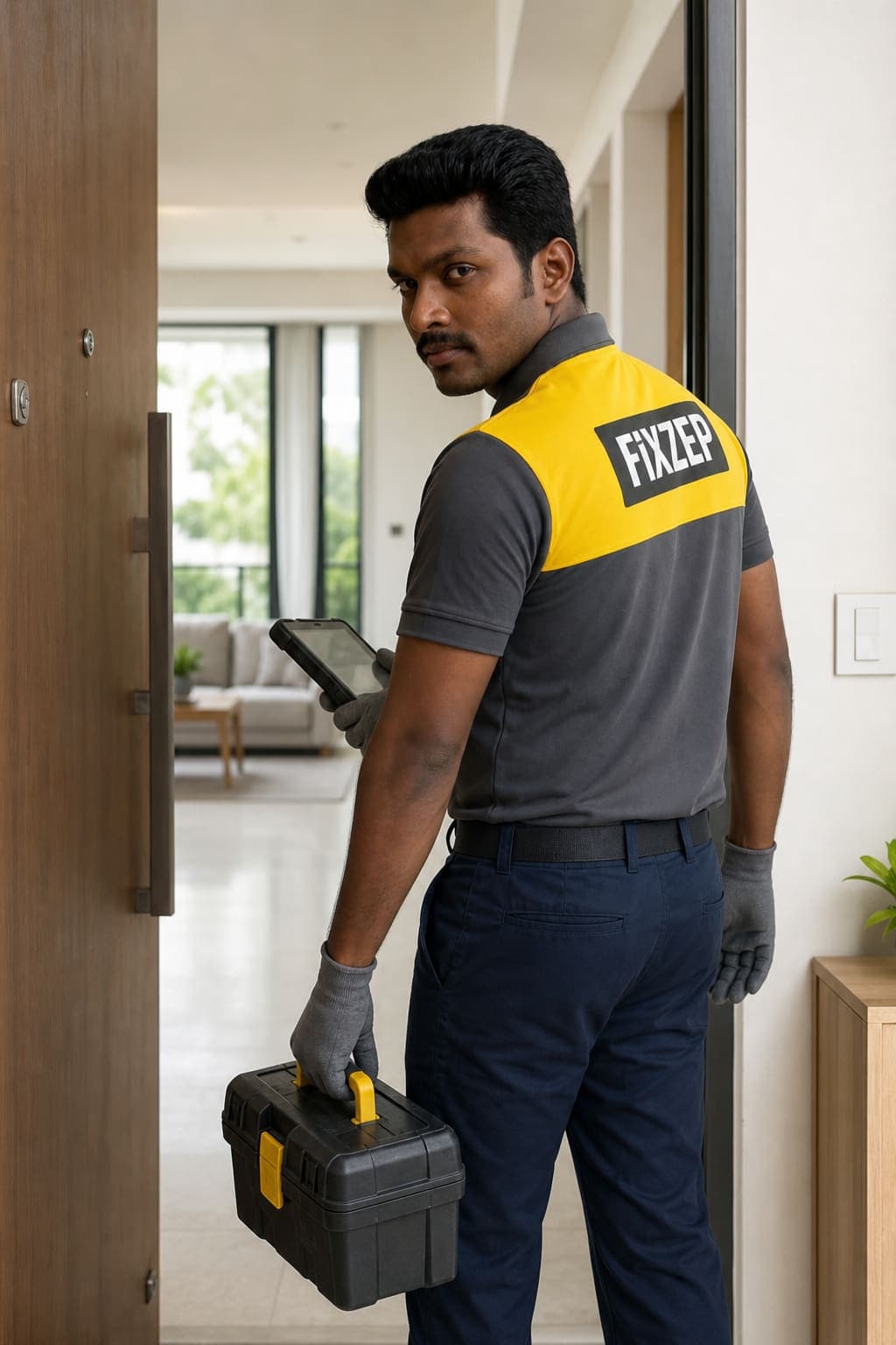 FiXZEP technician in the official charcoal and yellow uniform arriving at a customer's home